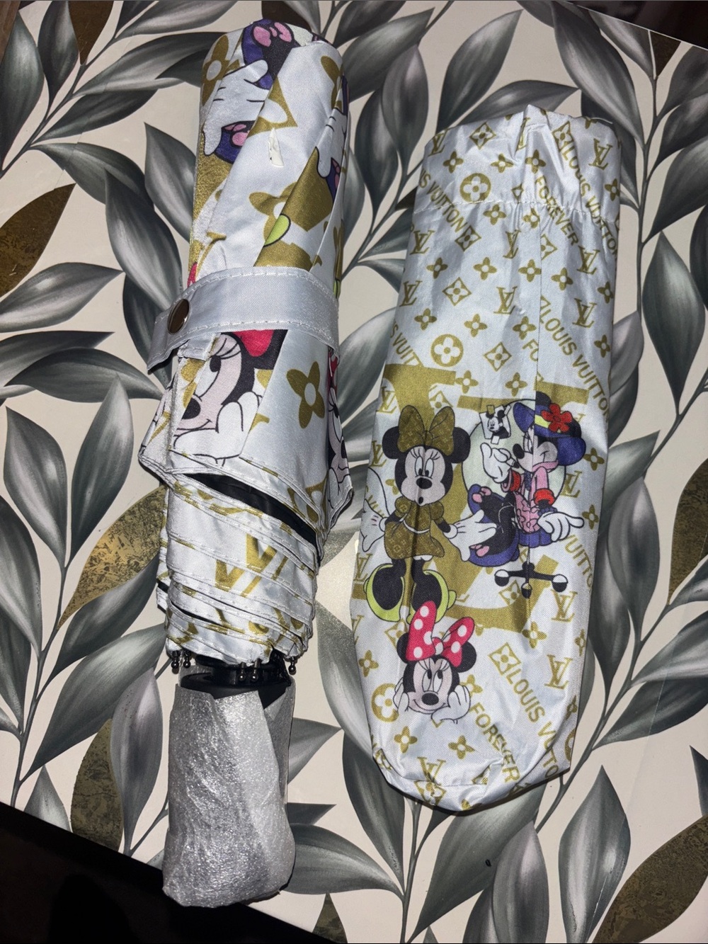 White & Gold Minnie Mouse Print Umbrella - Louis Vuitton Style